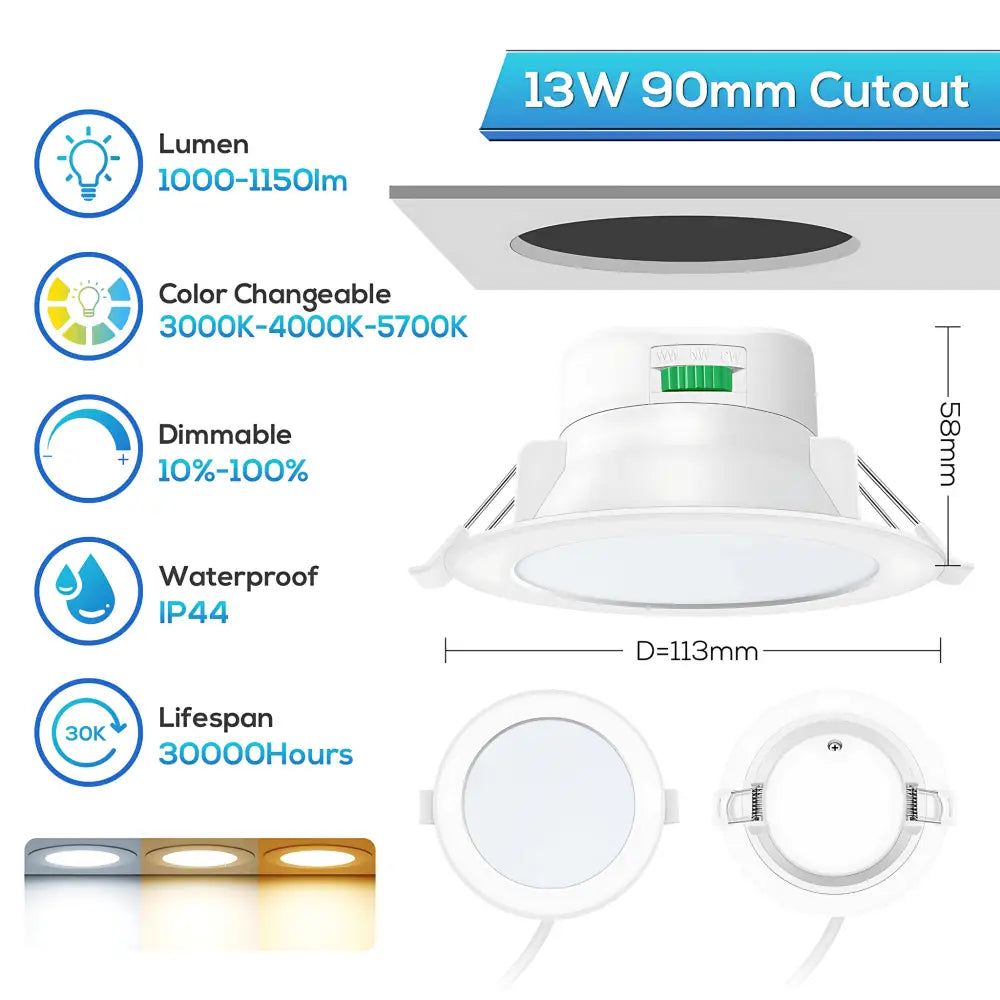 13W Tri-Colour Dimmable LED Downlight | 90mm Cut Out | Reno Powerlux Trade Pack 10 - Home & Garden > Lighting