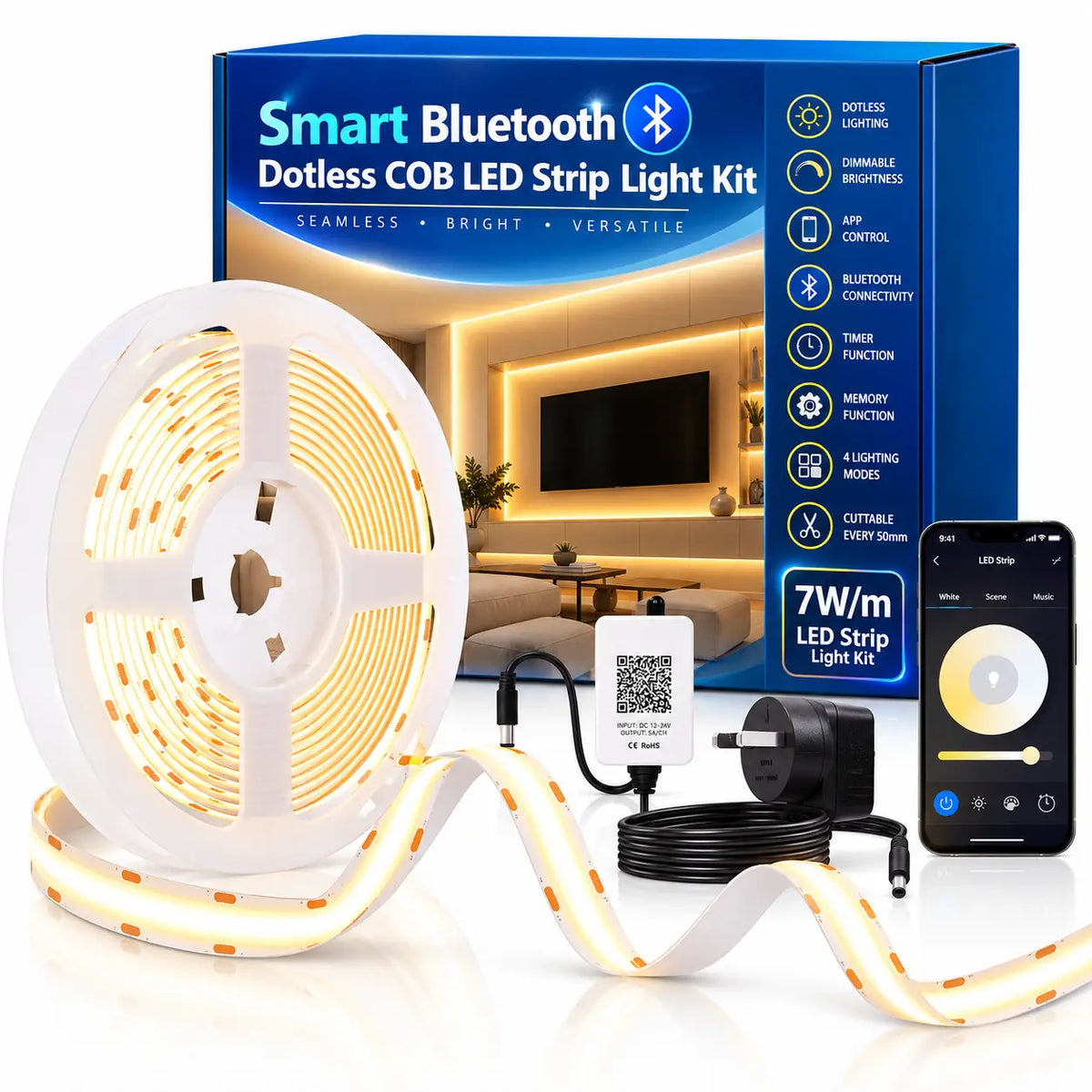 Smart Bluetooth Dotless COB LED Strip Light Kit – 3000K Warm White