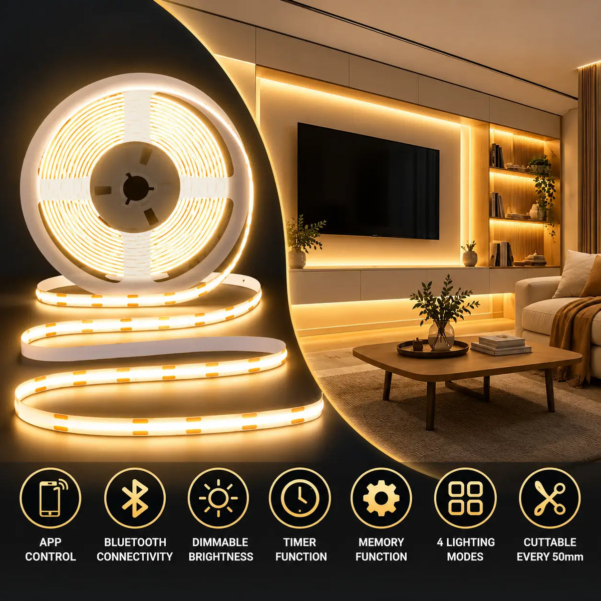 Smart Bluetooth Dotless COB LED Strip Light Kit – 3000K Warm White
