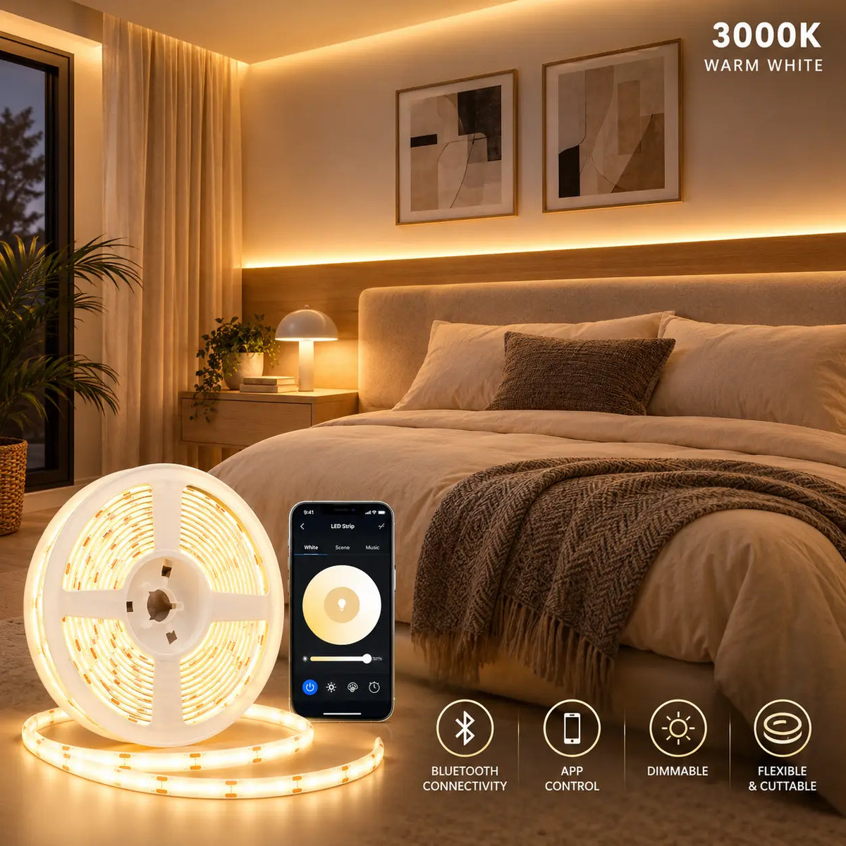 Smart Bluetooth Dotless COB LED Strip Light Kit – 3000K Warm White