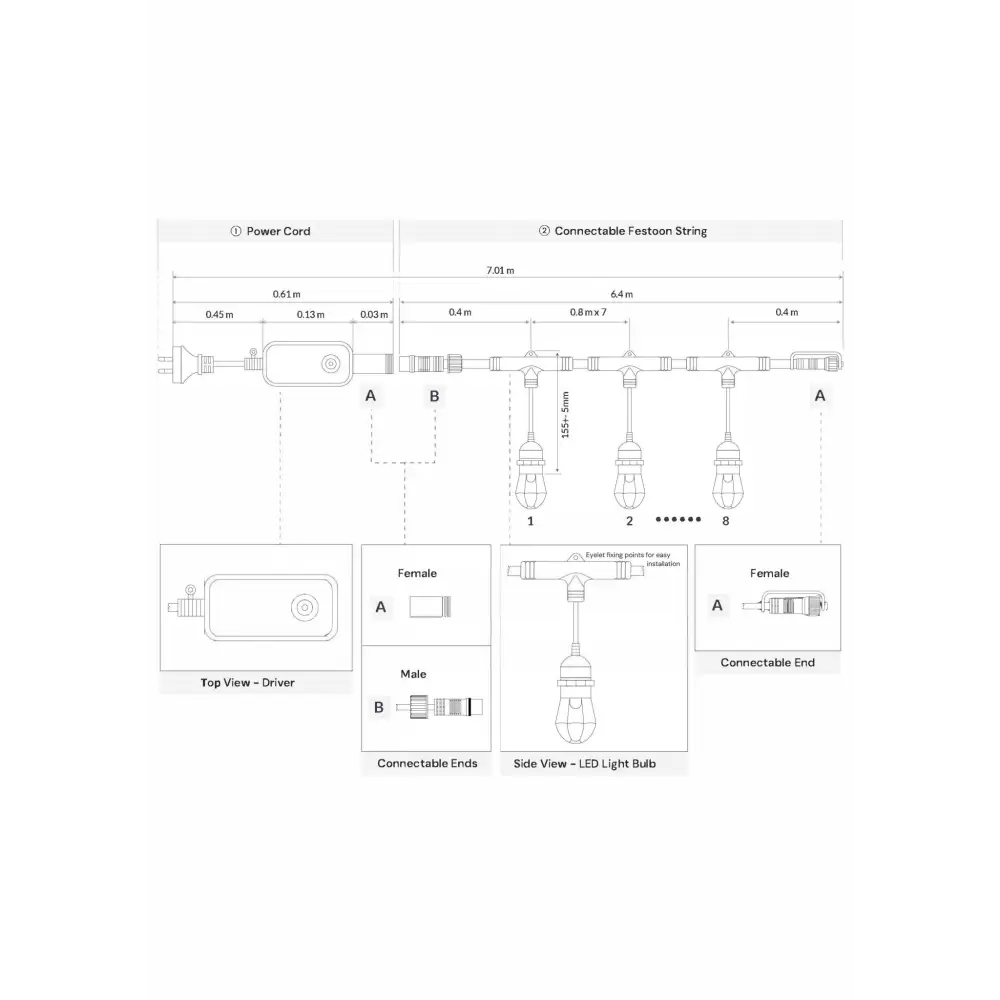 Smart RGBCW Festoon String Lights – App & Voice Control (6.4M–40M) - LiquidLEDs™ - Festoon String