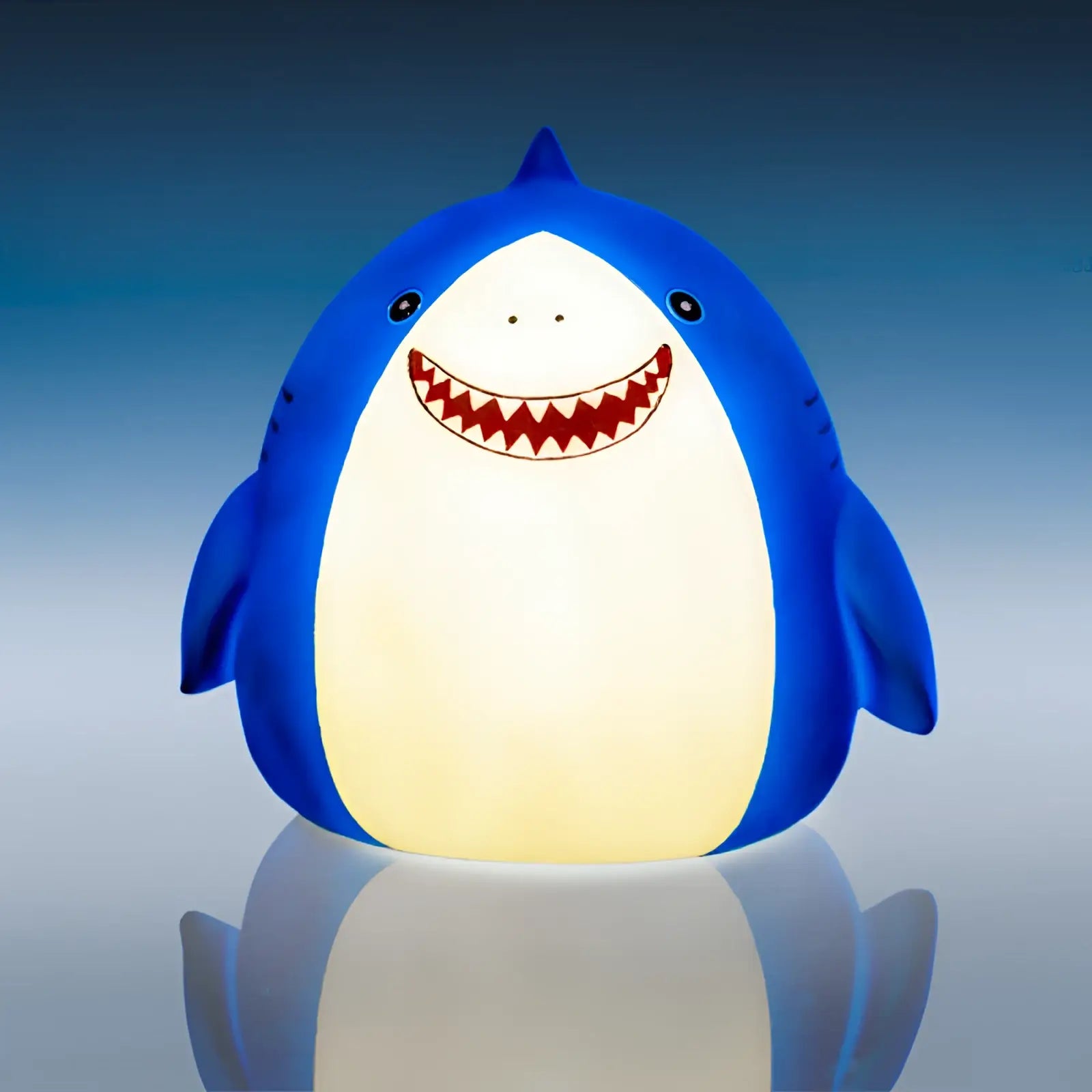 Smoosho’s Pals shark lamp with smiling face, sharp teeth, blue glow for kids