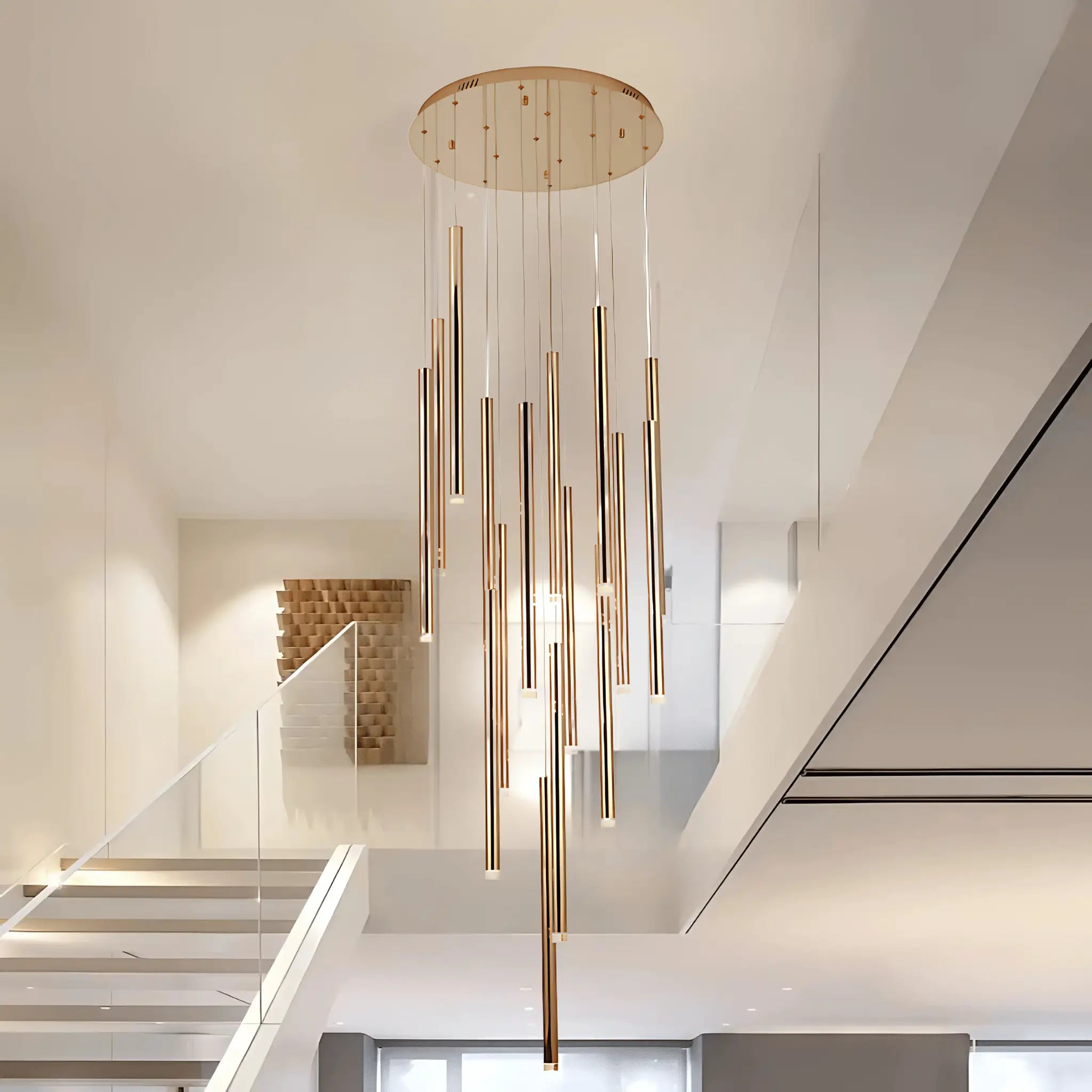 Soltra gold 21-light led cluster pendant with slender radiant led rods in gold hanging at varying lengths