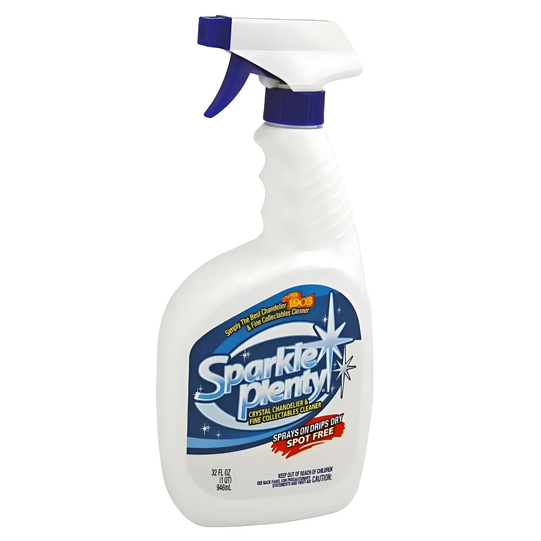 A white spray bottle of Sparkle Plenty chandelier cleaner designed for crystal chandeliers and fine collectibles