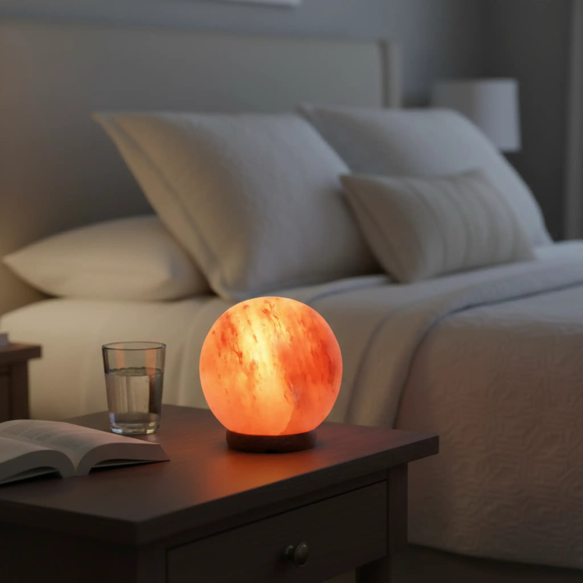 Sphere salt Lamp on a nightstand next to a bed with pillows