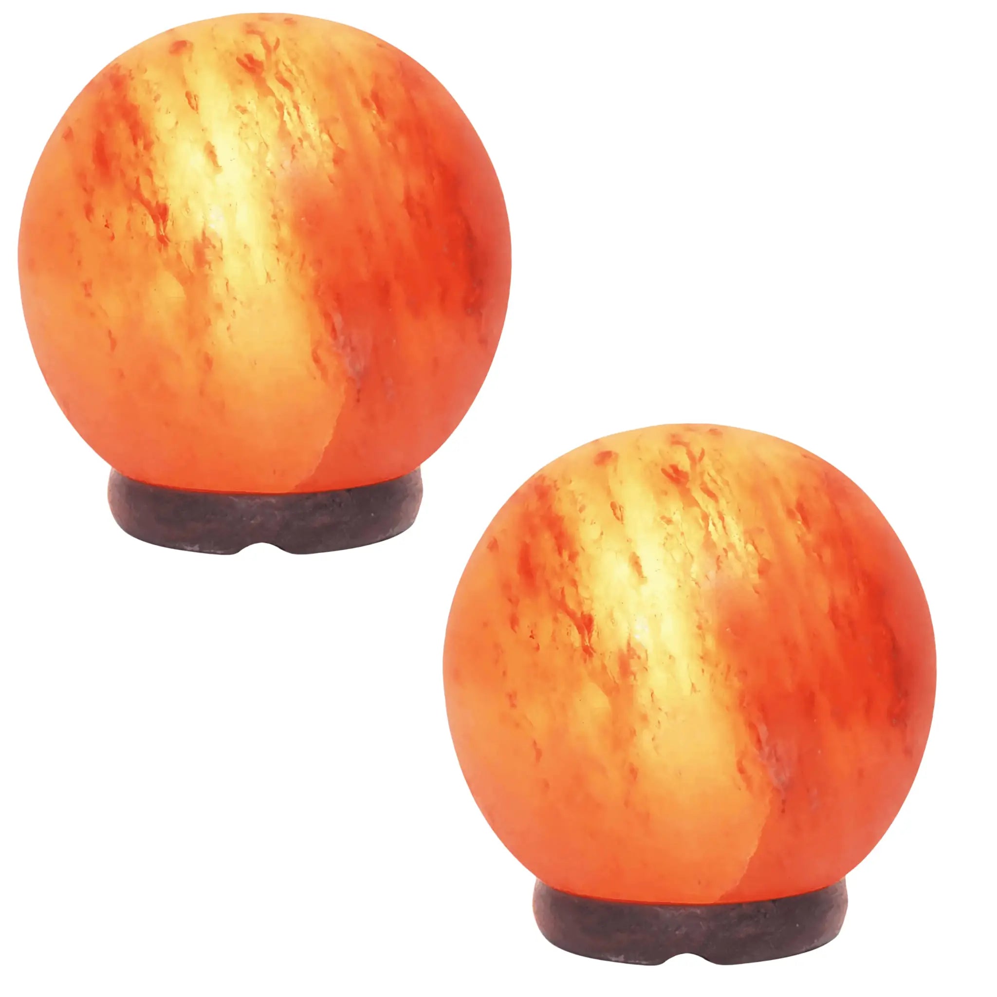 Two spherical Himalayan salt lamps with a white background