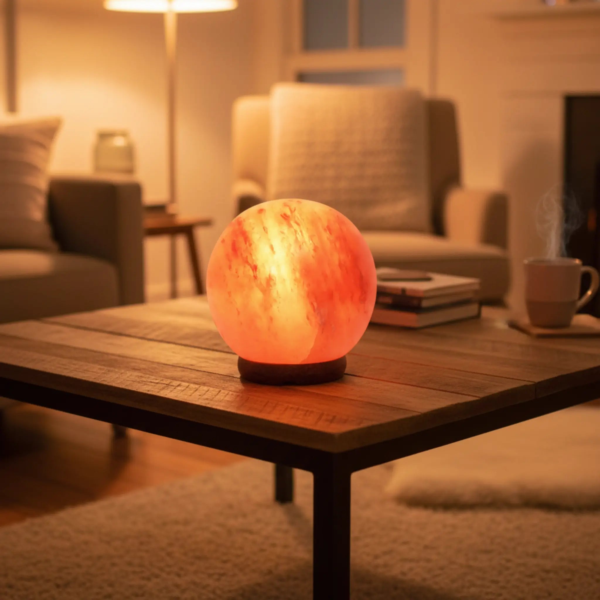 Himalayan salt lamp on a wooden coffee table in a cozy living room.