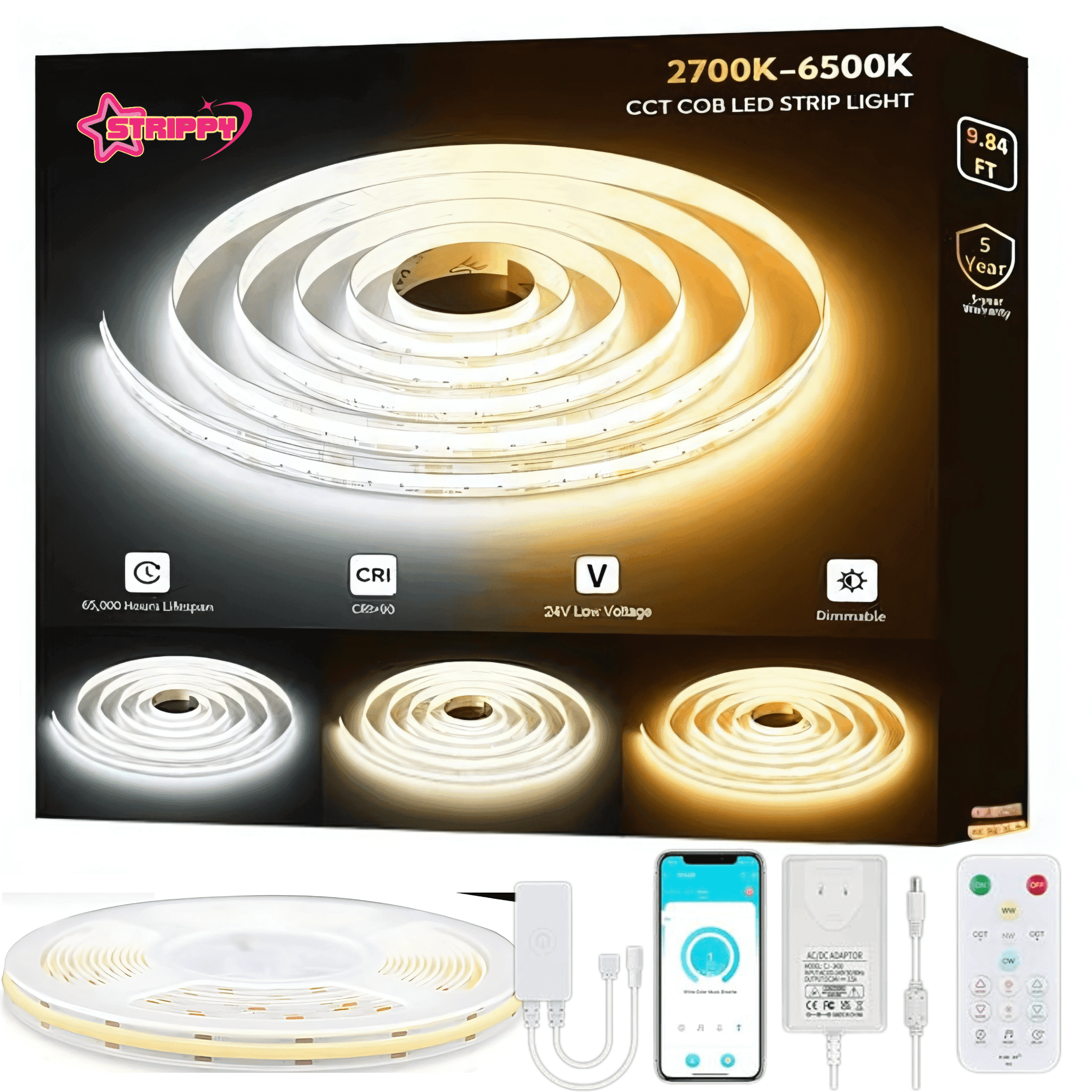 Strippy Home & Garden > Lighting Strippy 5m CCT Tunable COB LED Strip Light Kit | Dimmable with Smart App & Remote Control LBCCT5M