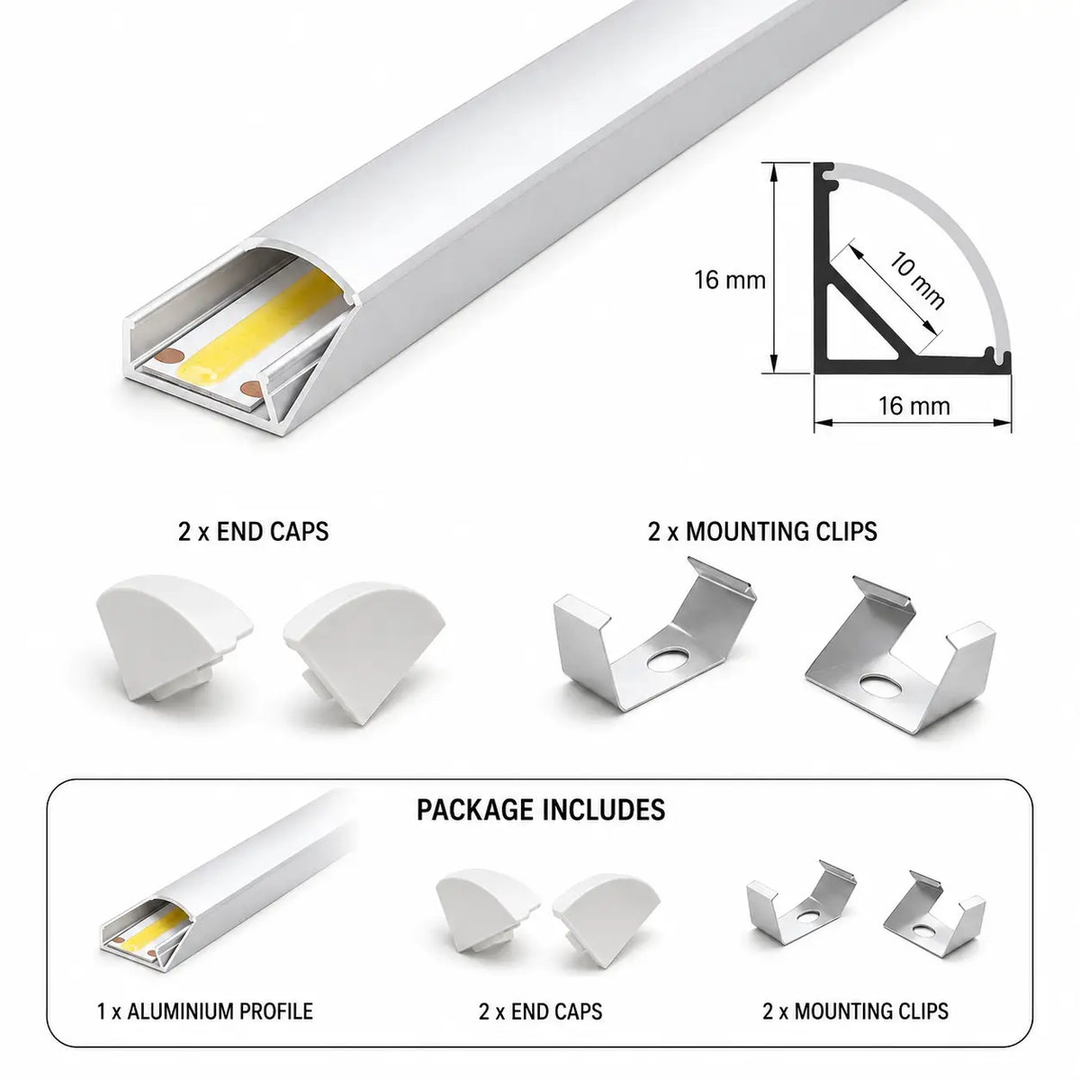 Surface Mount Corner Aluminium Profile - Silver 12mm Width