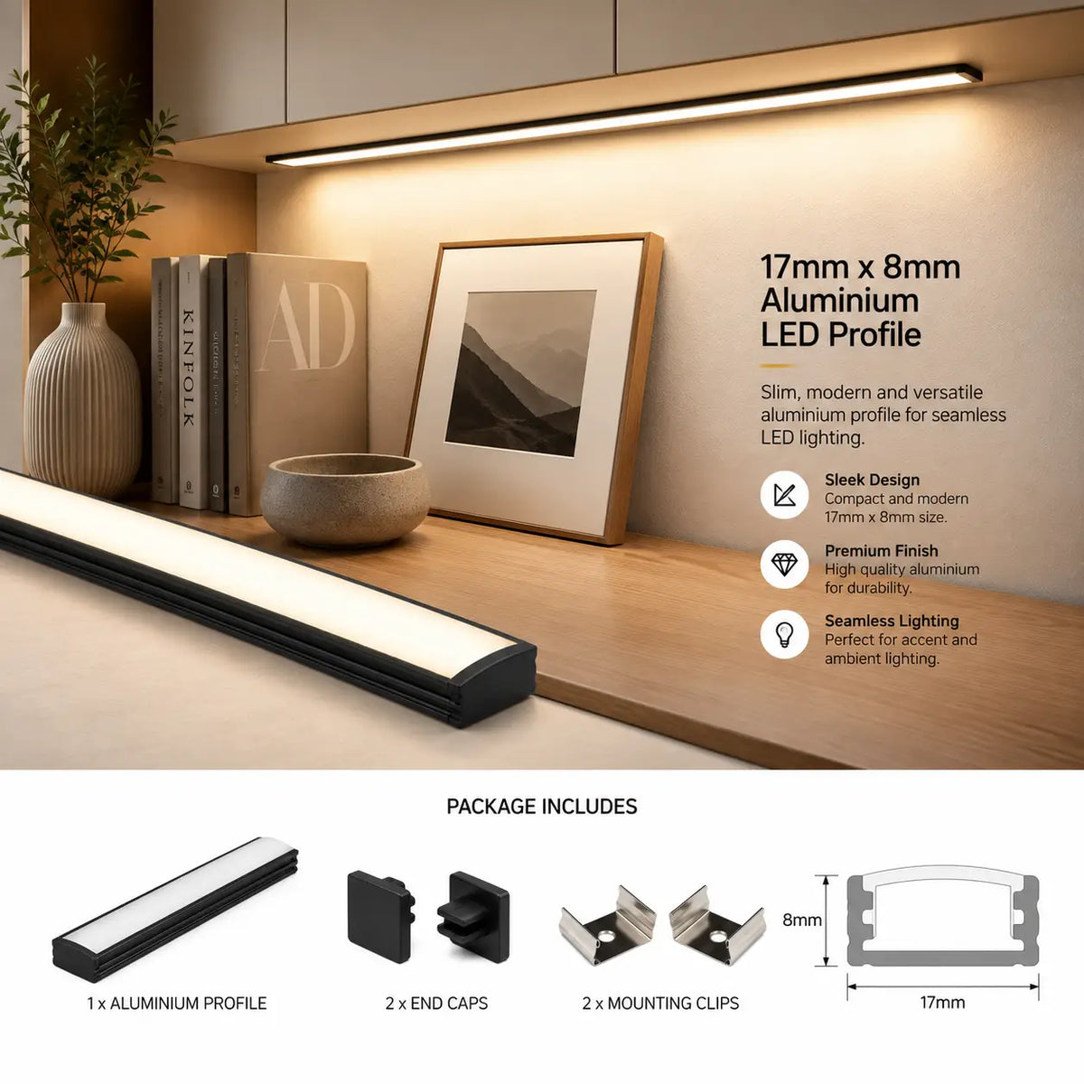 Surface Mount Shallow Aluminium Profile - Black 12mm Width
