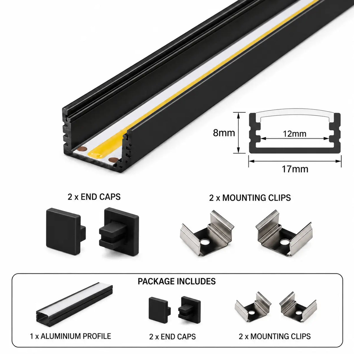 17mm x 8mm Shallow Square Aluminium LED Profile – Black – Suits 12mm LED Strip