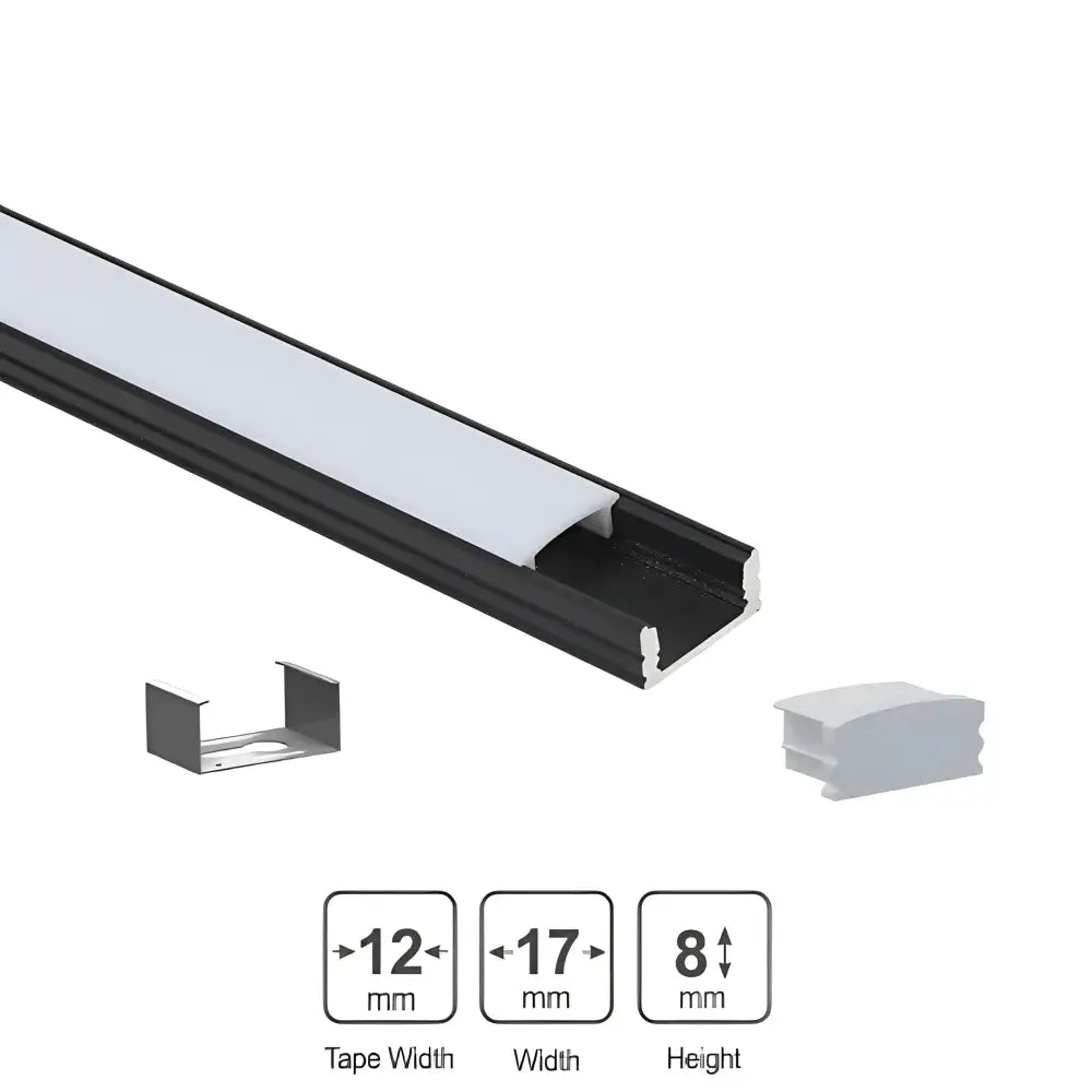 Green Earth Lighting Australia Aluminium extrusion 1M Kit Surface Mount Shallow Aluminium Profile - Black 17mm x 7mm
