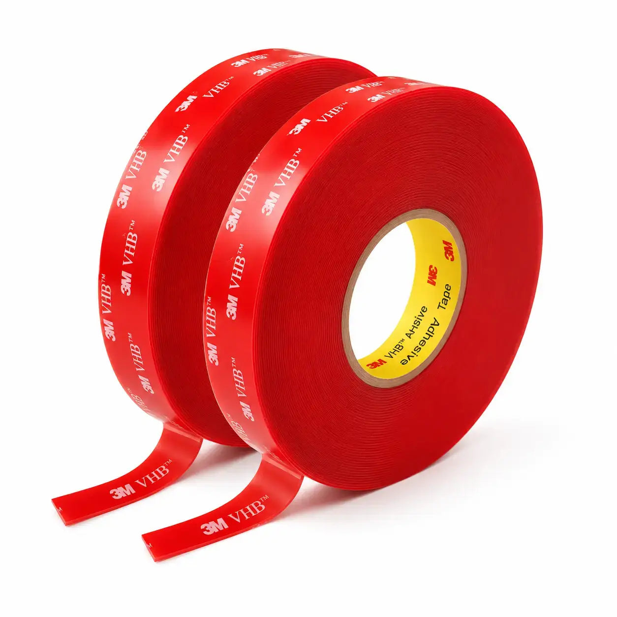 Two rolls of red 3M VHB adhesive tape with white branding, shown on a clean white background.