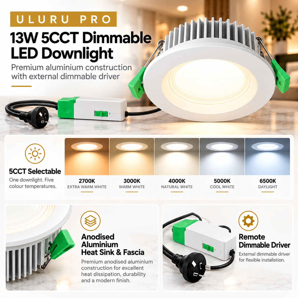 Uluru Pro 13W 5CCT downlight features, colour temperatures and external dimmable driver