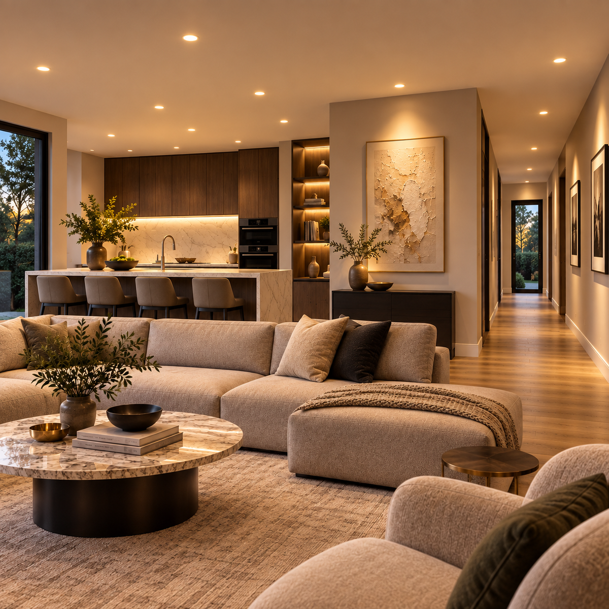 Downlights illuminating a contemporary living room and kitchen