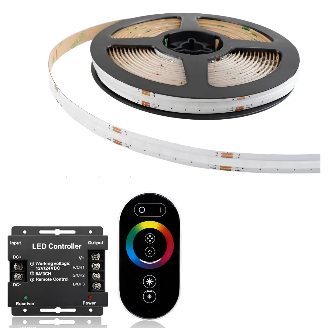 Cob Rgb Led Strip Light 24v Ip20 Dotless Indoor Colour Strip - Uncut 5 Meter Reel + Rgb Controller
