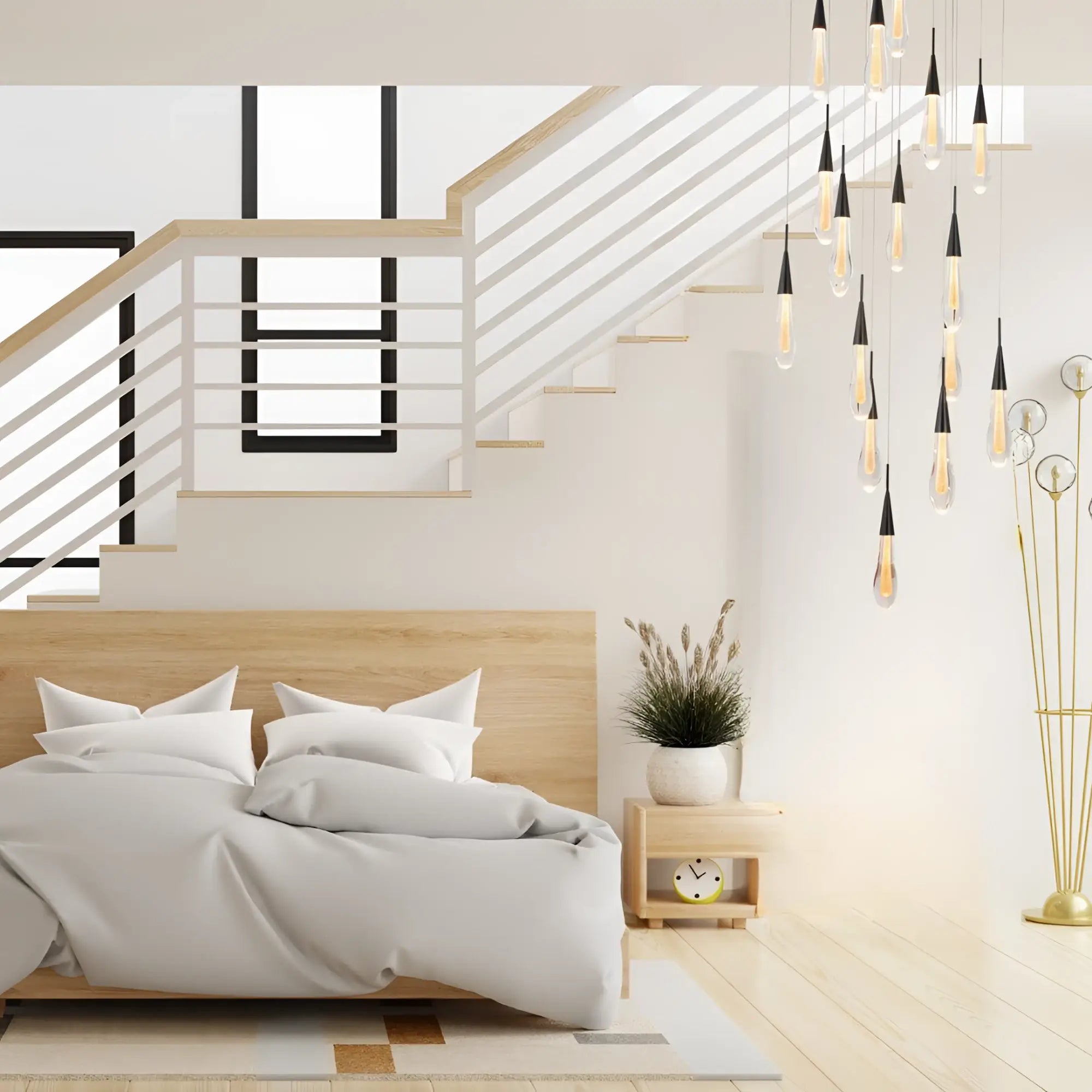 White wooden bed frame with modern design and geometric bedding illuminated by virelle 16-light drop crystal chandelier