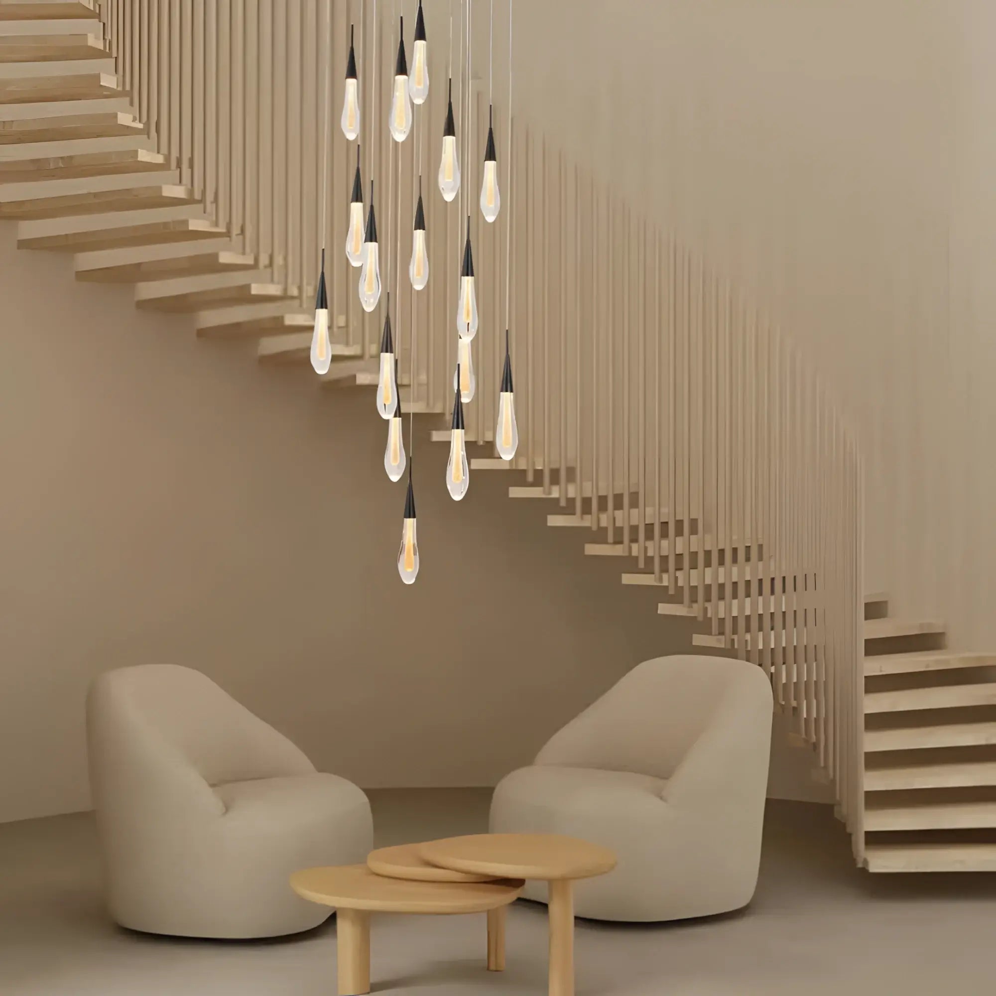 Modern wooden staircase with floating steps and virelle 16-light drop crystal chandelier in black for high-ceiling luxury pendant lighting