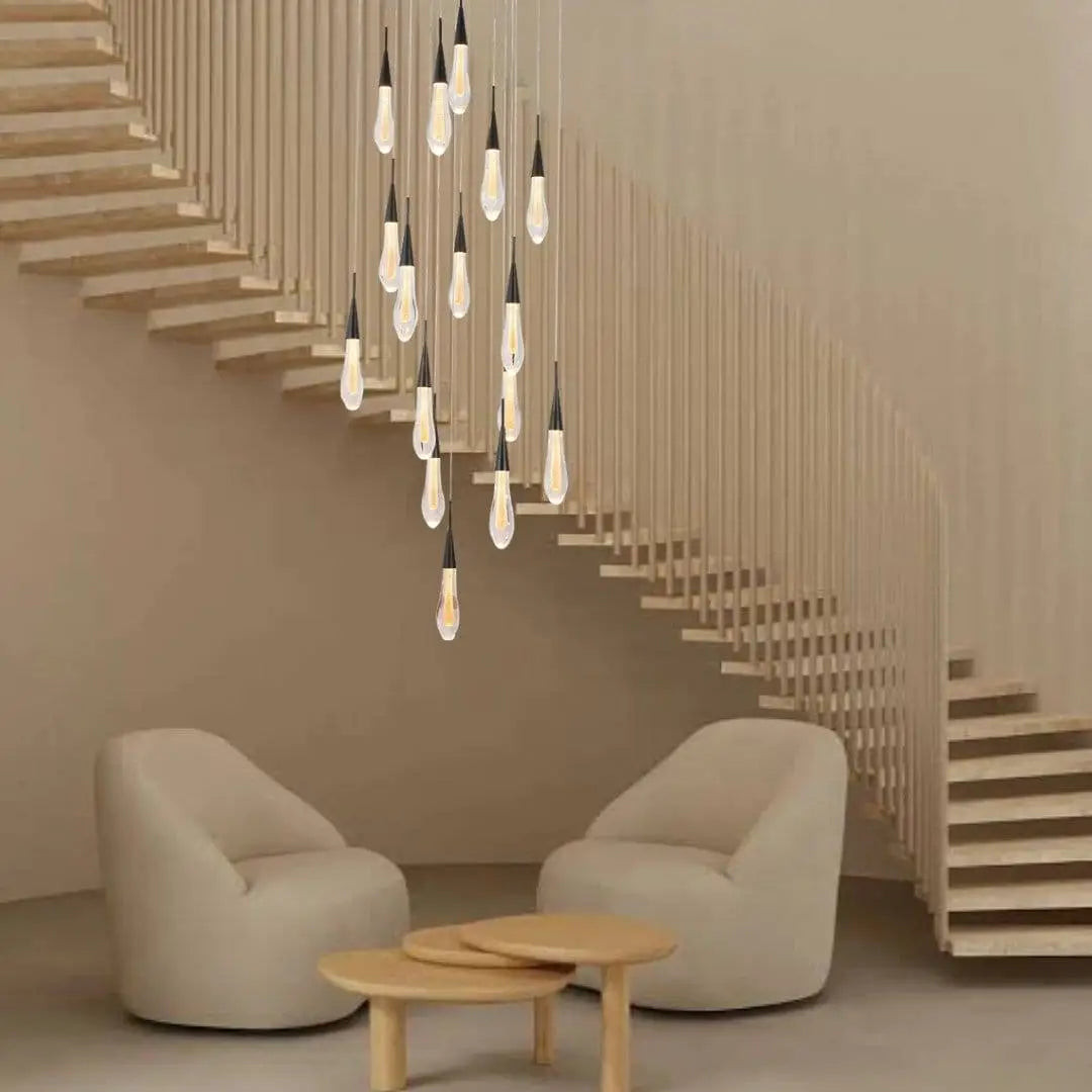 Modern wooden staircase with floating steps and geometric railing under virelle black crystal chandelier pendant light 23-light