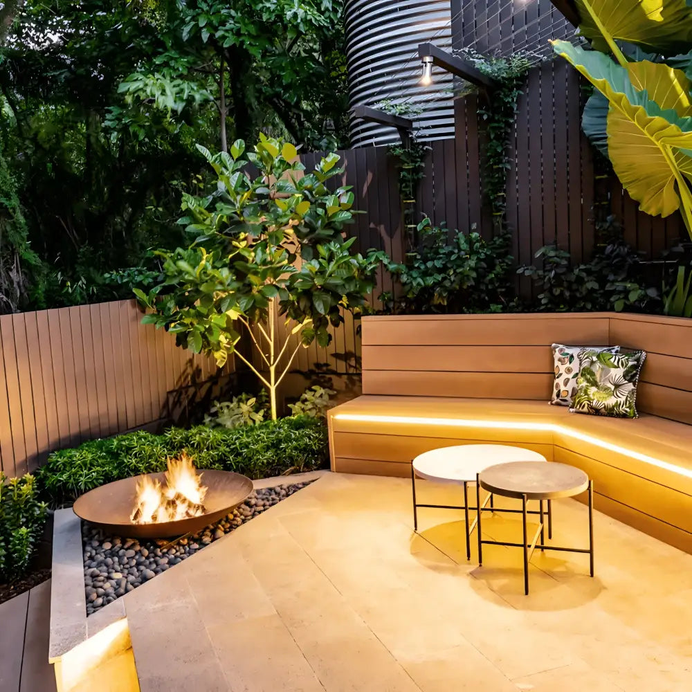 Modern wooden bench with AquaGlow IP67 COB LED strip light kit and cushioned tropical leaf seat