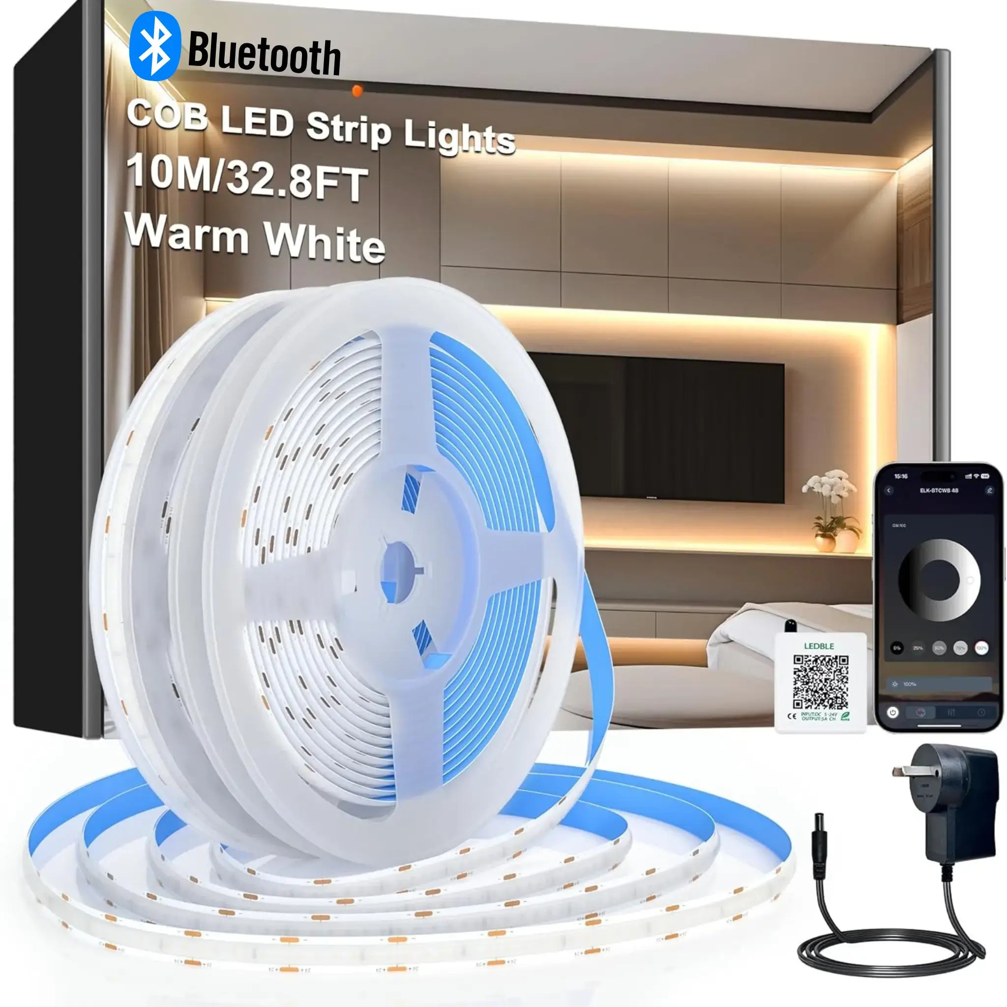 Cozy Lady 10m Cob Dotless Led Strip Light Kit | Bluetooth App - Warm White