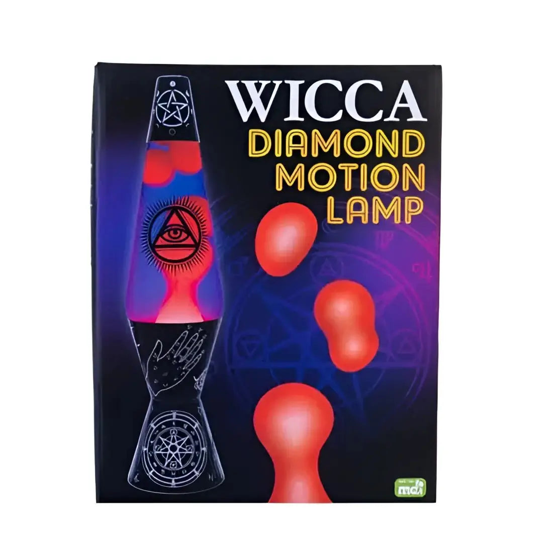 Wicca diamond motion lava lamp with red lava flow black background featuring pentagram and eye design for decor use