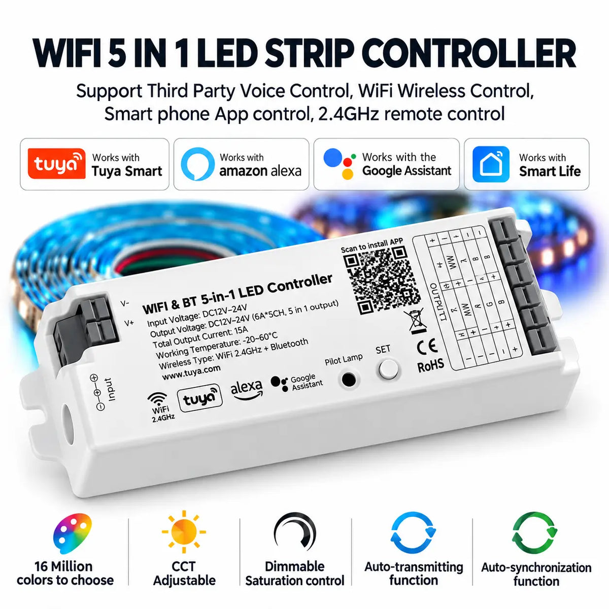 WiFi & Bluetooth 5-in-1 LED Controller – DIM/RGB/RGBW/CCT 12–24V 15A