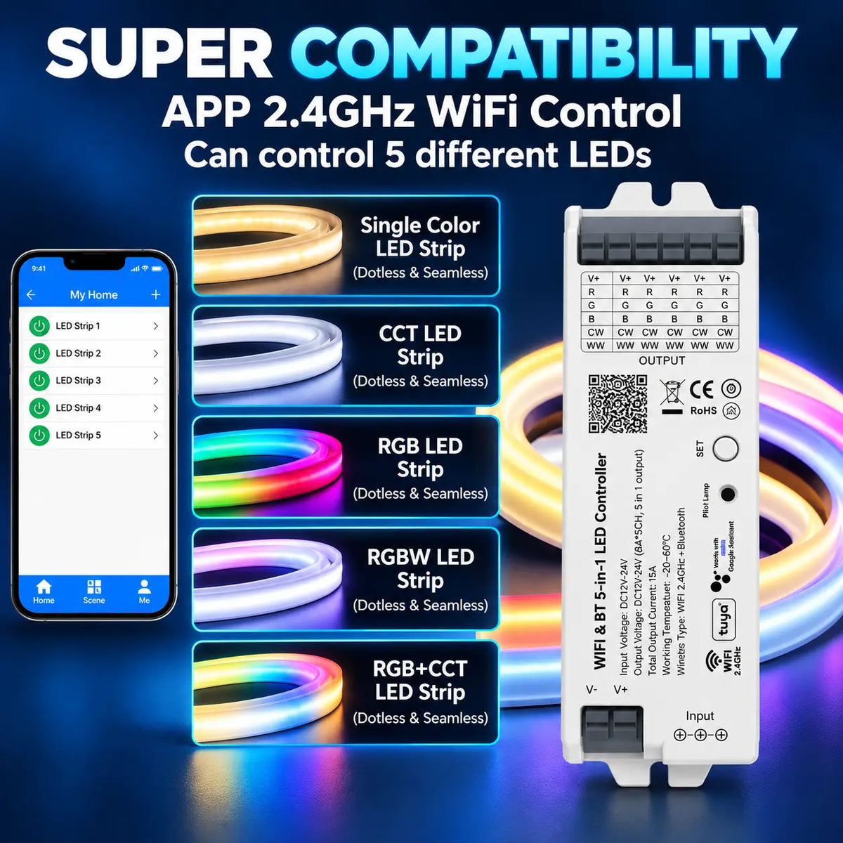 WiFi & Bluetooth 5-in-1 LED Controller – DIM/RGB/RGBW/CCT 12–24V 15A