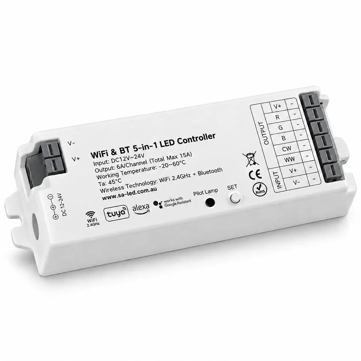 WiFi & Bluetooth 5-in-1 LED Controller – DIM/RGB/RGBW/CCT 12–24V 15A