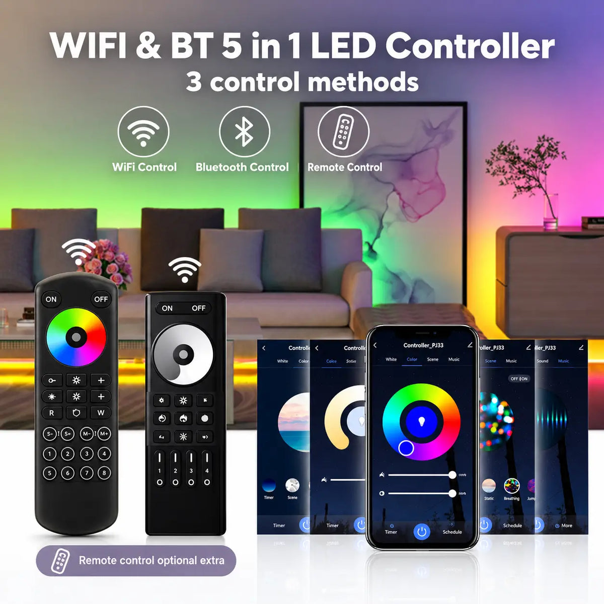 WiFi & Bluetooth 5-in-1 LED Controller – DIM/RGB/RGBW/CCT 12–24V 15A