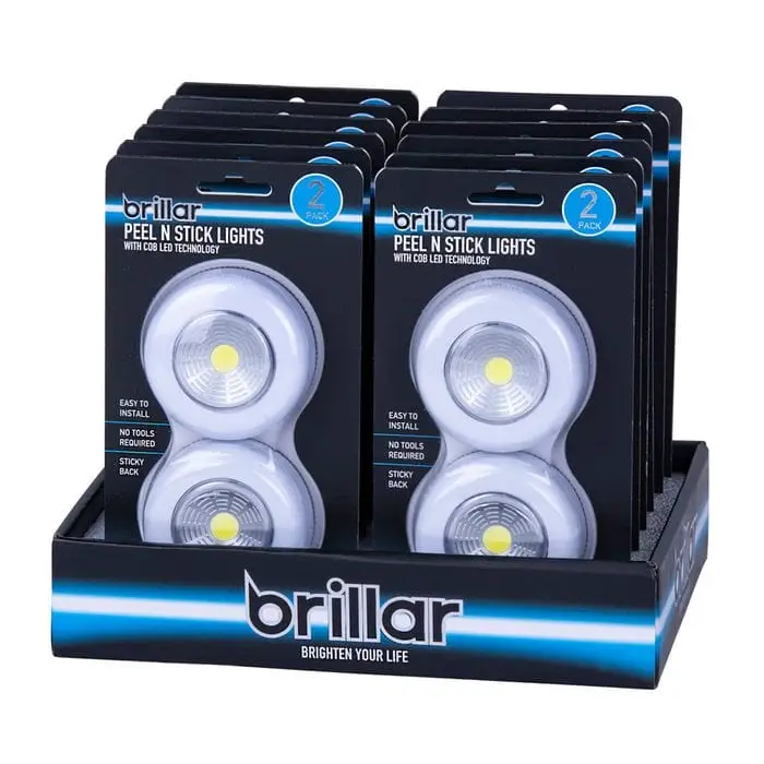 Brillar Counter Display Of 12 Twin packs Wireless Peel n Stick Lights with COB LED Technology 2pk BR0014/12