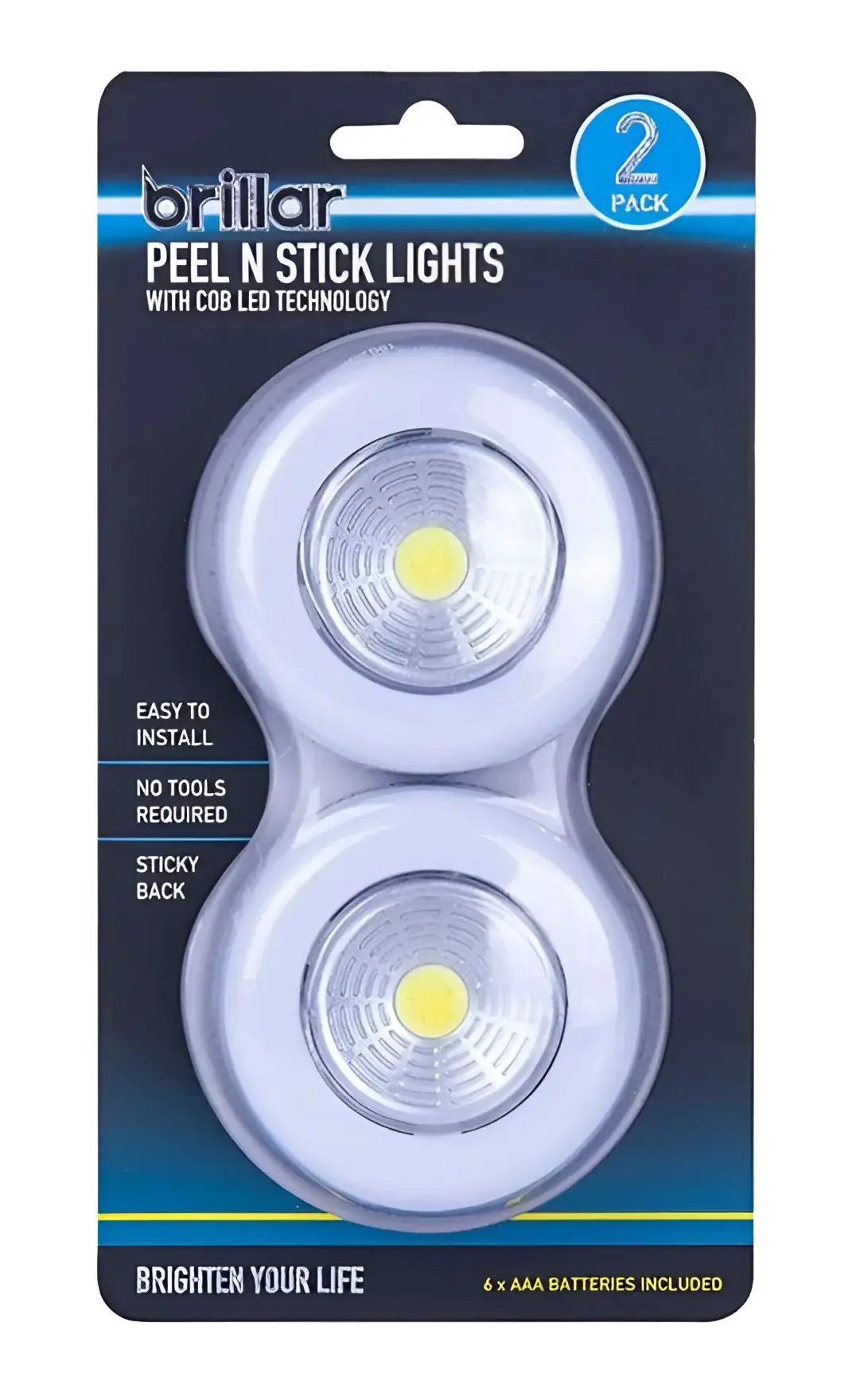 Two white circular wireless peel n stick lights 2-pk with bright yellow center featuring cob led technology