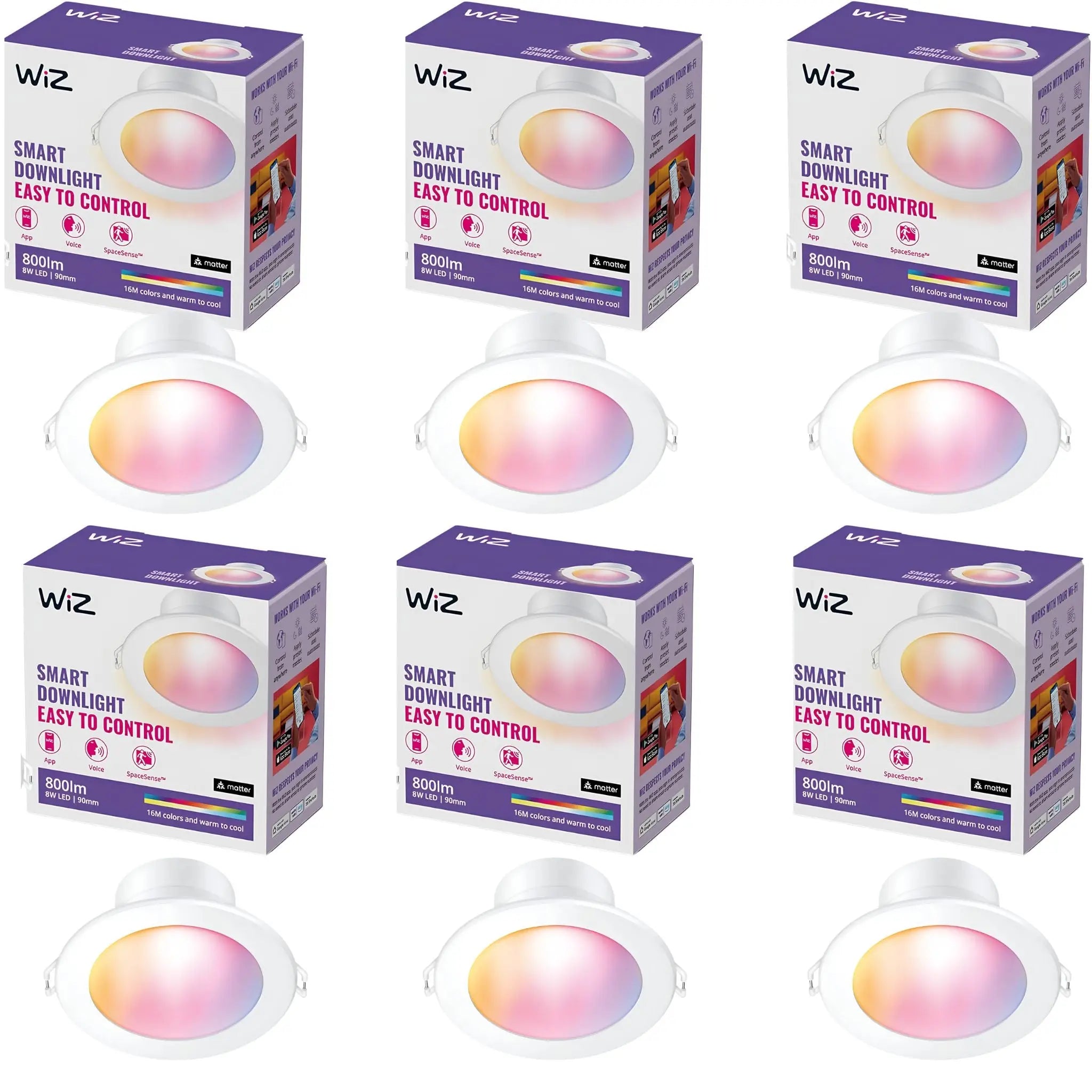 6Pk WiZ 8W White & Colour Smart LED Downlight - 90mm Cut out